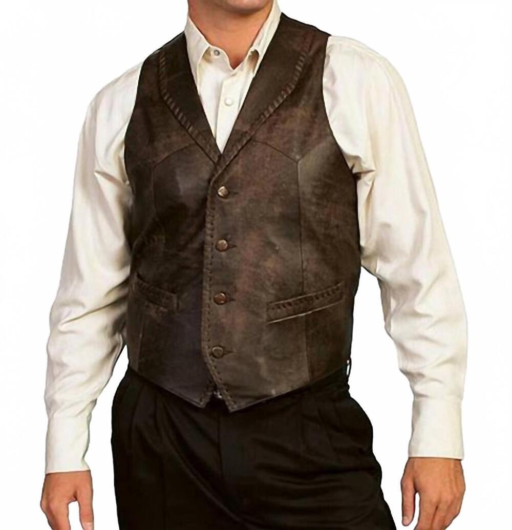 NEW SCULLY men's whip stitch leather lapel vest in brown